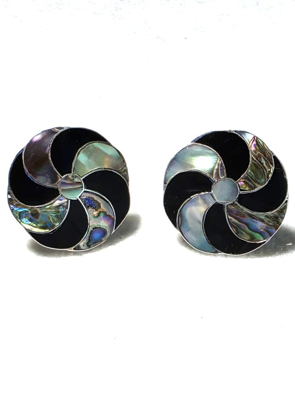 Vintage 1960s Taxco Sterling Silver Black Onyx & Abalone Inlaid Pinwheel Earring
